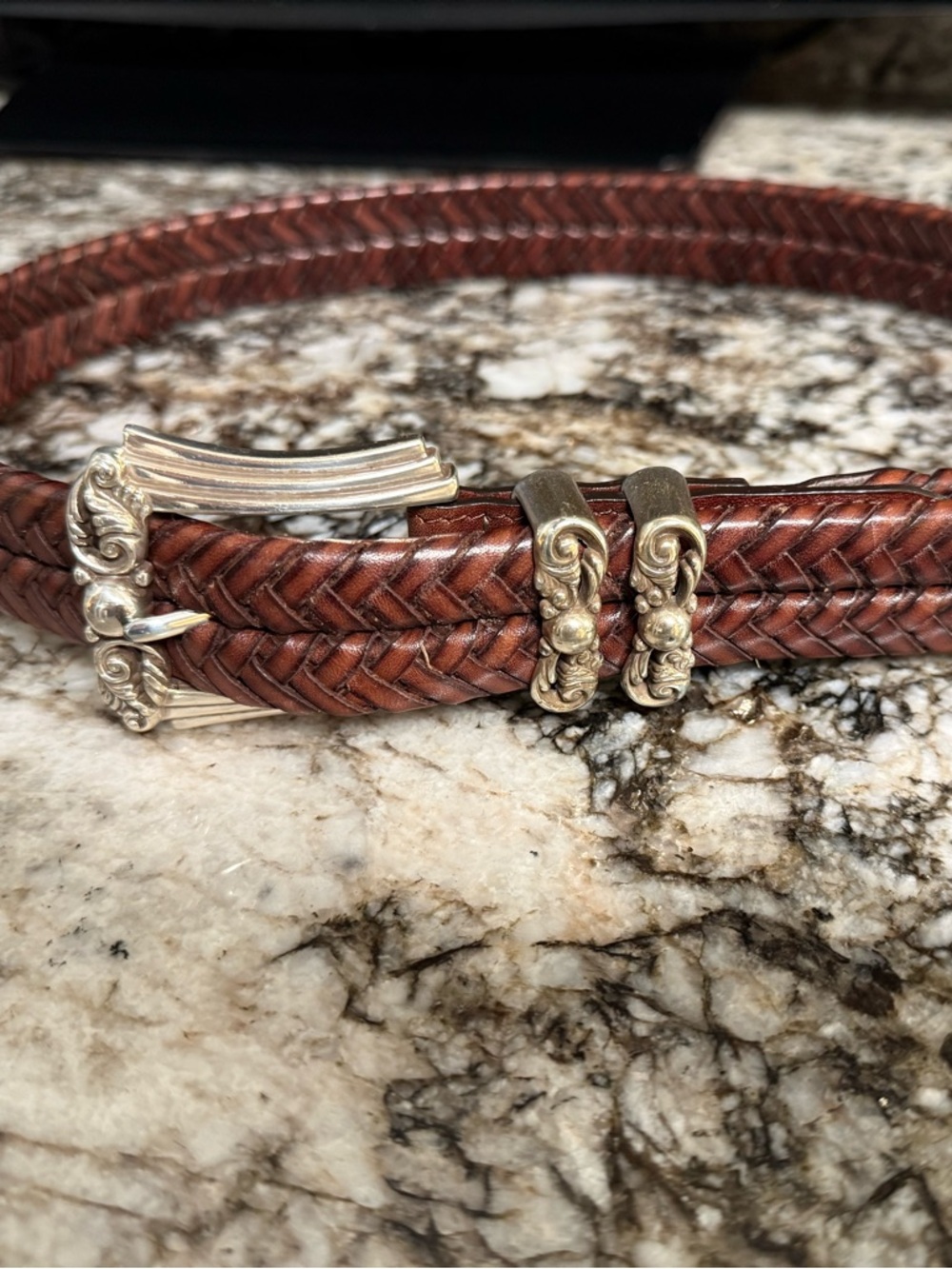 Brighton Brown Braided Leather Belt Ornate Scroll Buckle Women’s Size M 30
